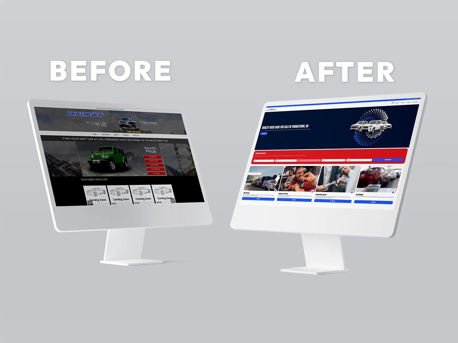 Lou Ferrara's Auto Network website before and after mockup.